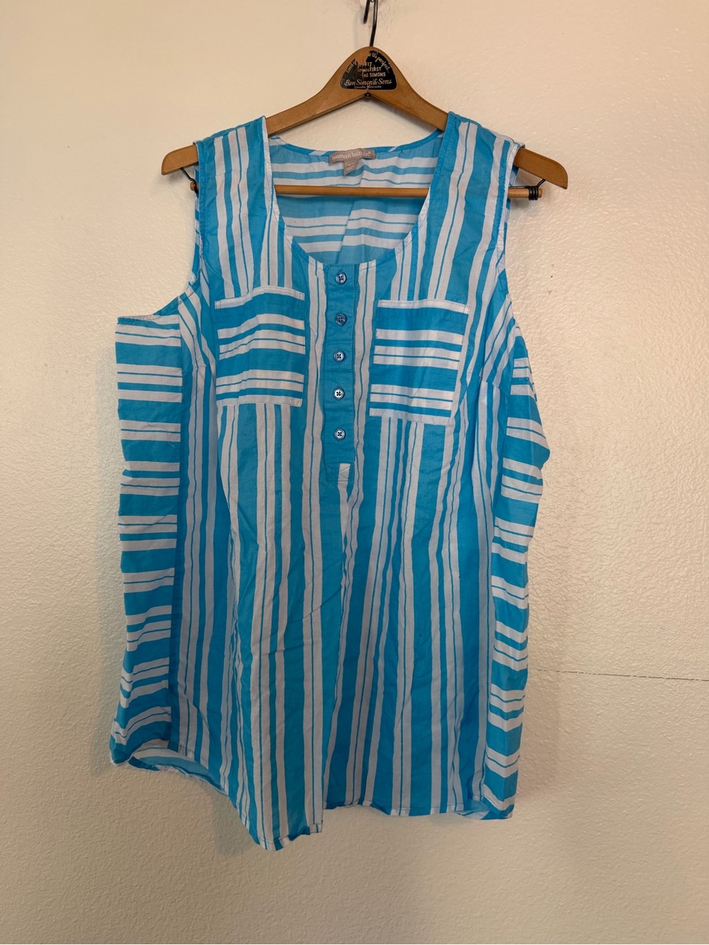 Woman Within Turquoise and White Striped Sleeveless Henley Tank